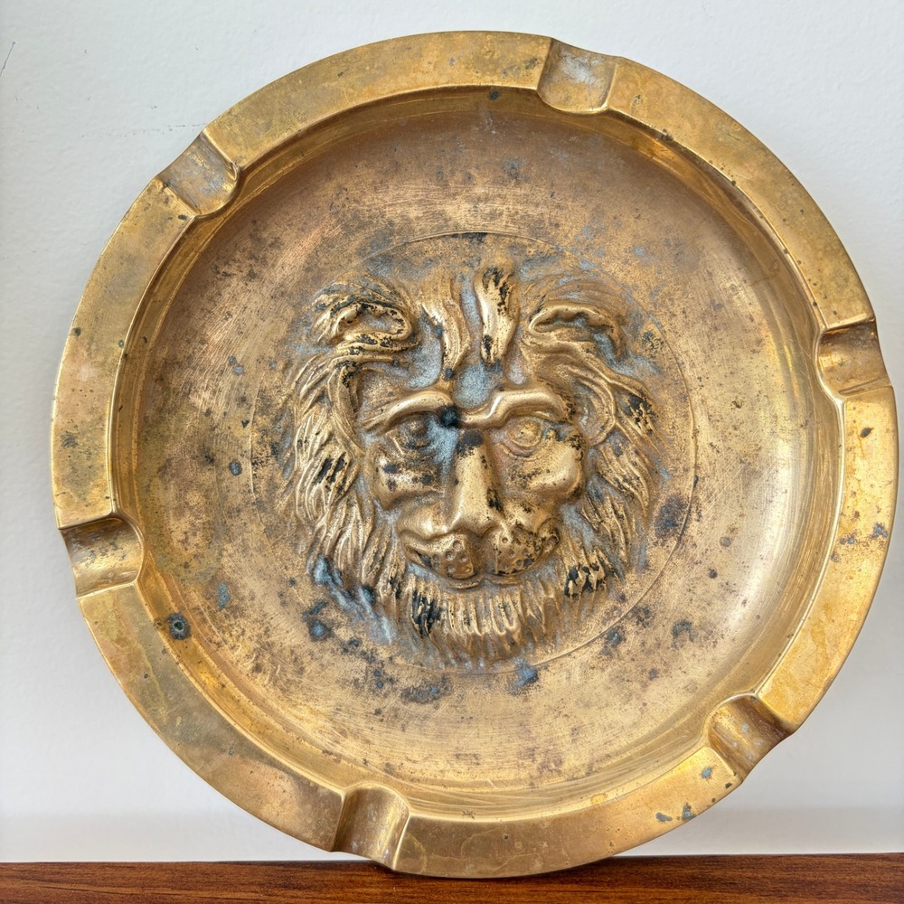 Vintage Solid Brass Lion Head Ashtray Round 6 Inch Repousse Hollywood Regency